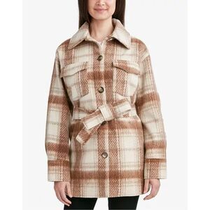TAHARI Brushed Belted Plaid Shirt Jacket, Wool Blend, Sz M